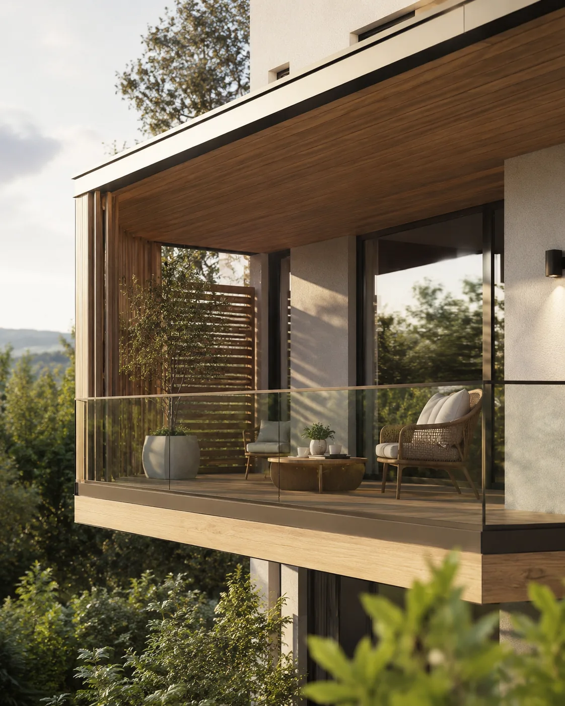 Moderner Balkon mit hochwertiger Gestaltung und Holzdetails